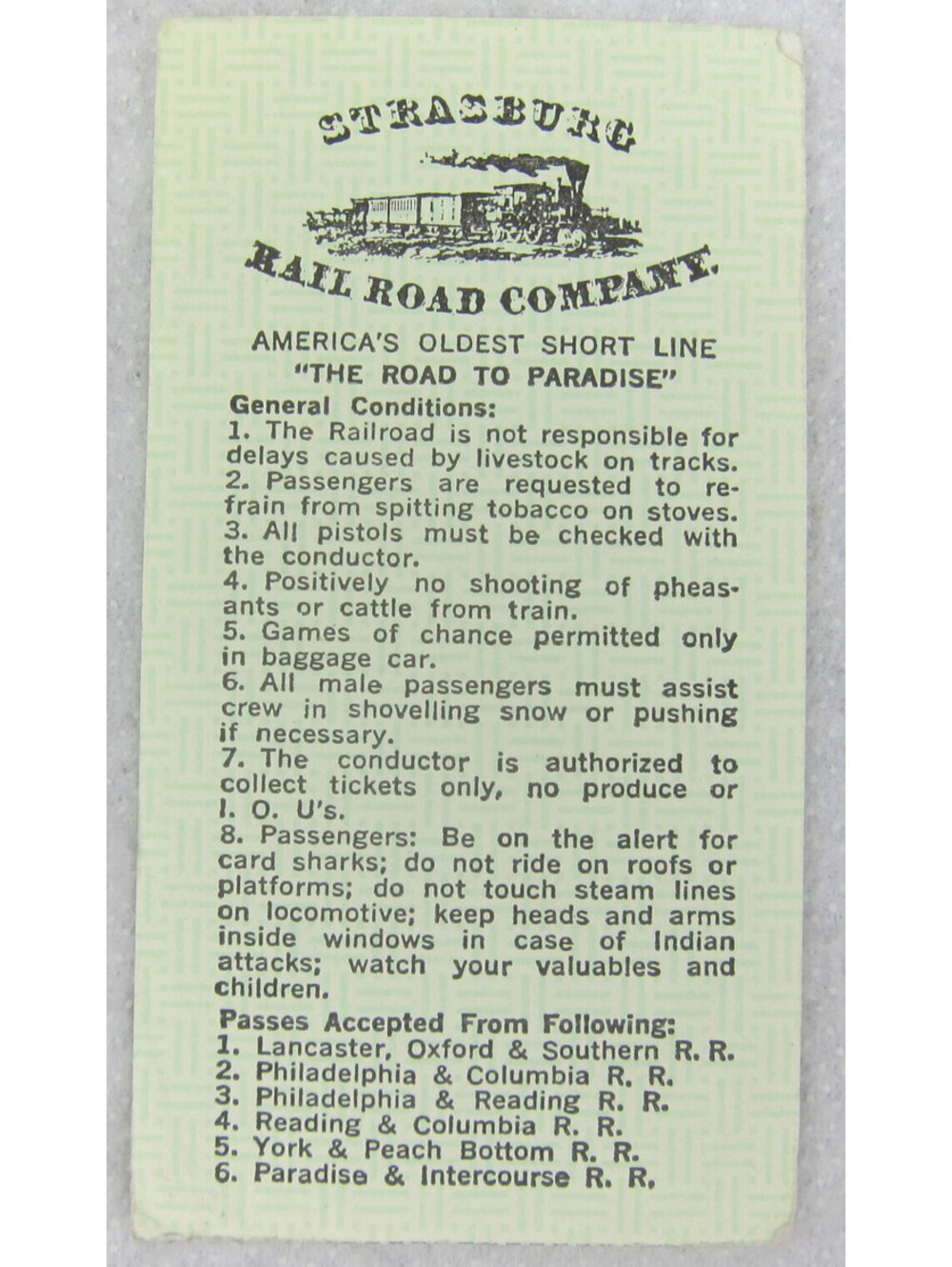 Vintage Strasburg Rail Road Souvenir Ticket Pennsylvania Short Line Ephemera